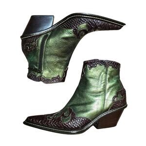 Donald J Pliner Italian Western Couture Metallic Green Leather Cowgirl Boot 7.5